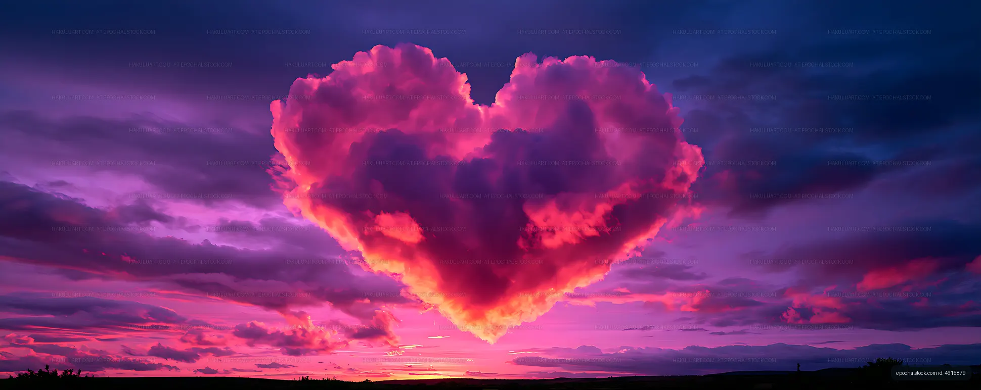 Heart-shaped clouds in colorful sunset sky