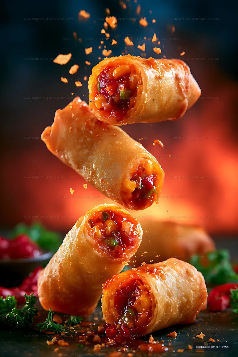Fried rolls filled with colorful vegetables in motion