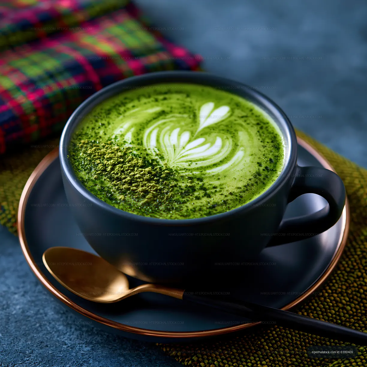 Matcha latte served in a black cup with a spoon on the table
