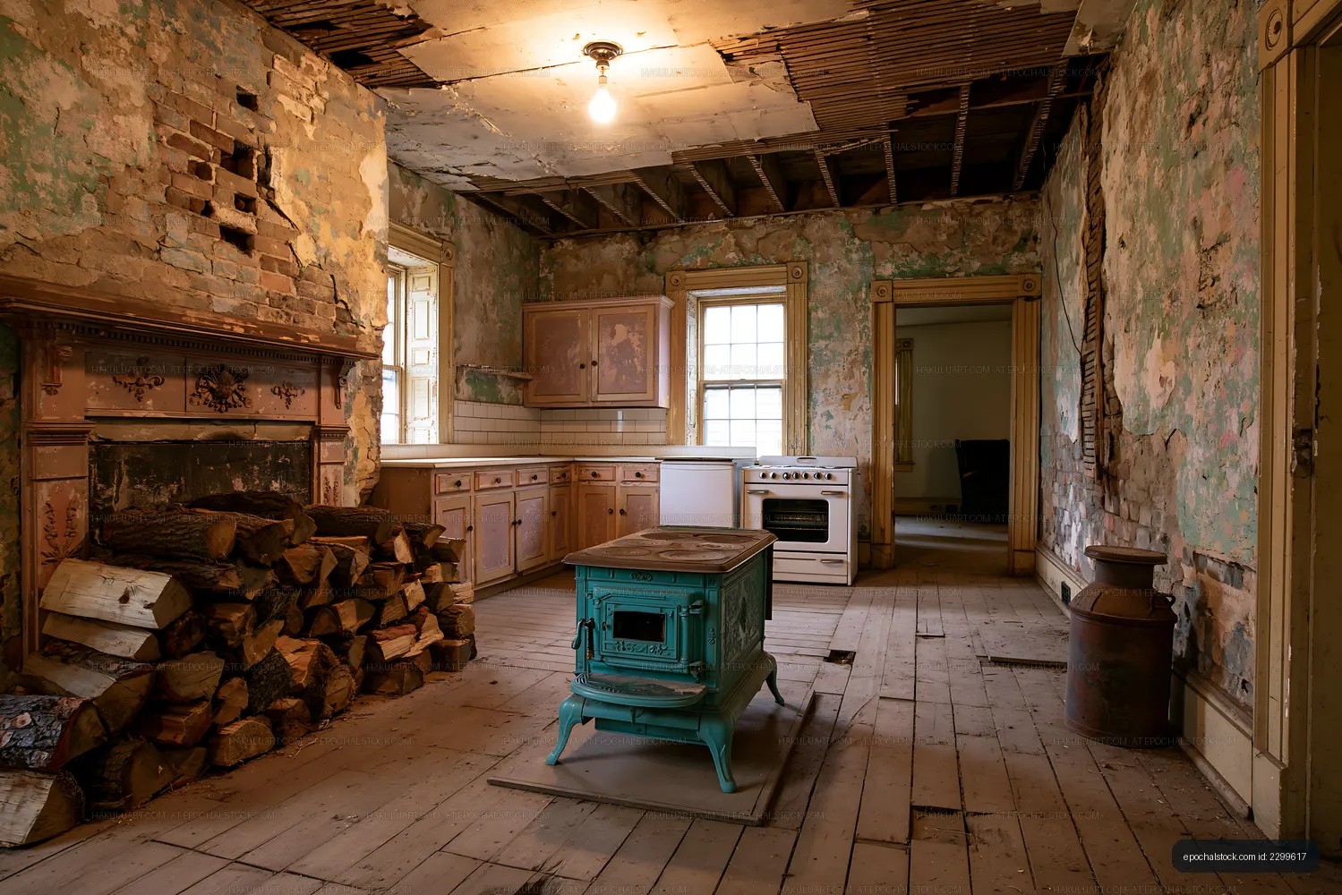 Abandoned kitchen with old stove and peeling walls