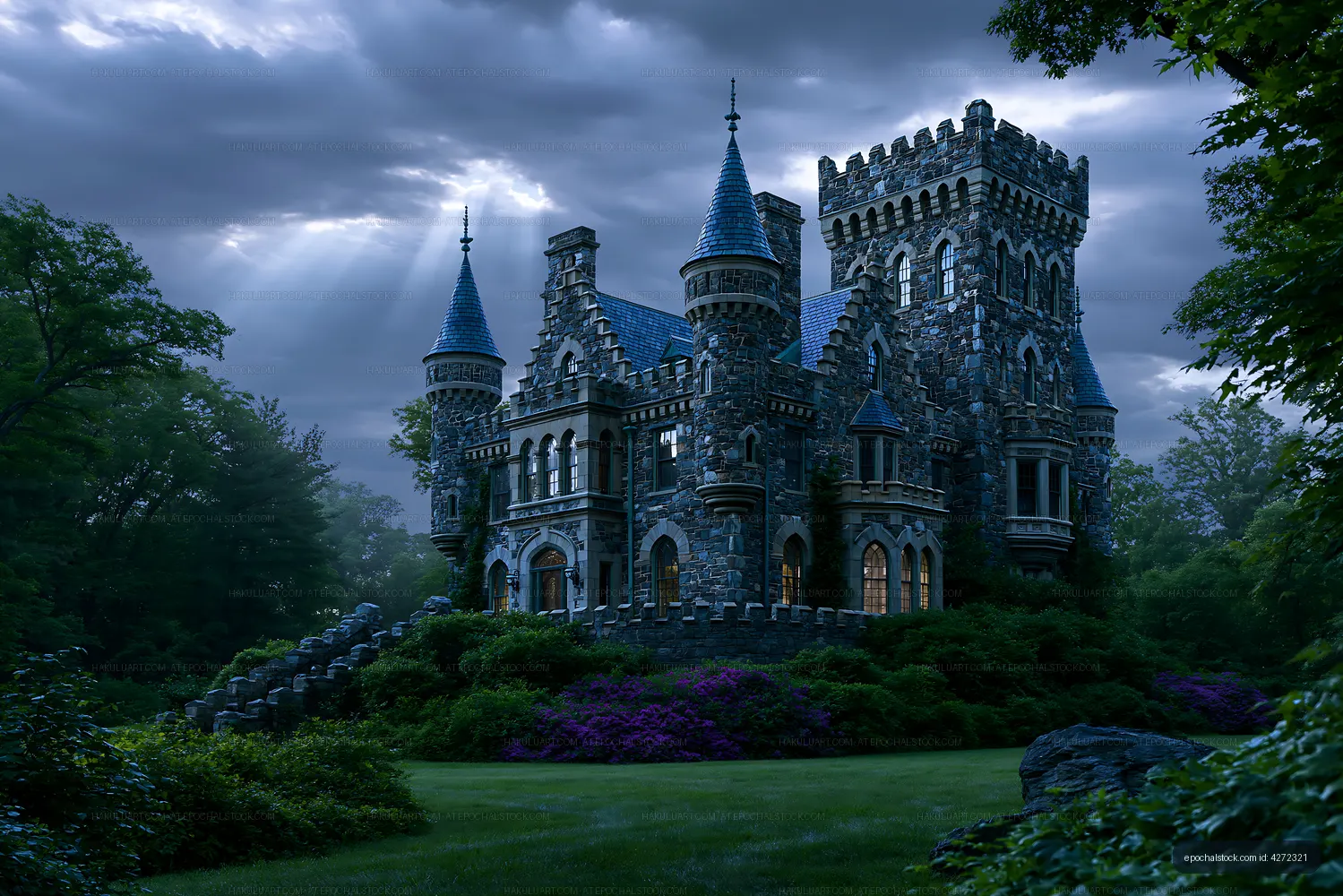Castle surrounded by trees and flowers under a cloudy sky