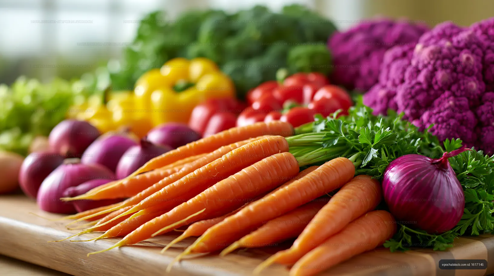 Fresh vegetables arranged on a wooden cutting board