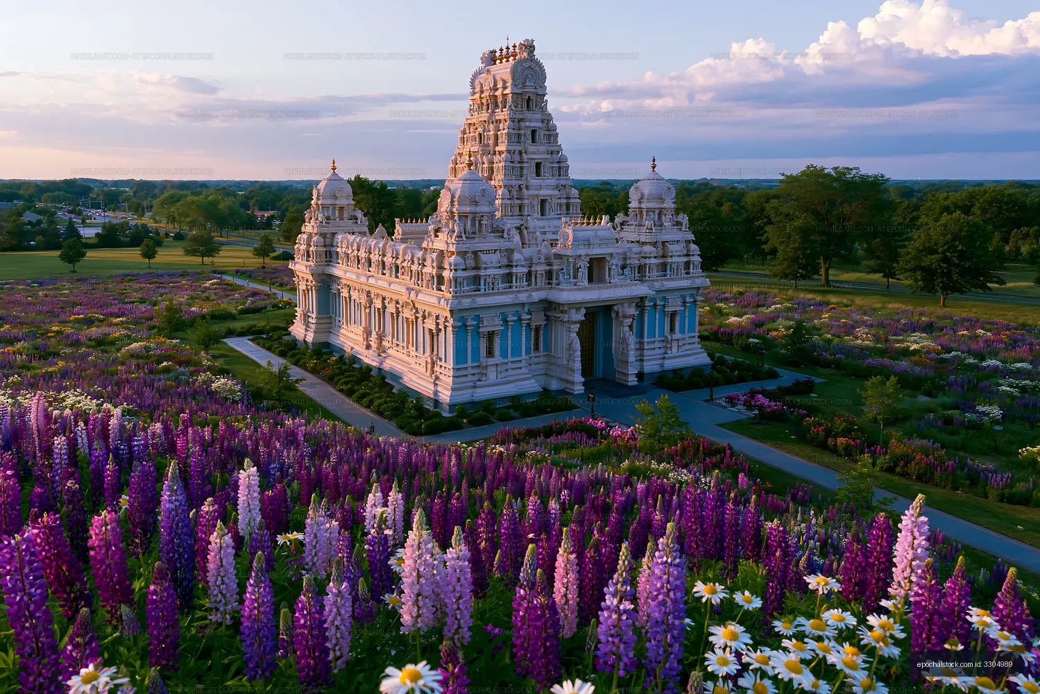 Temple surrounded by colorful flowers in a garden landscape