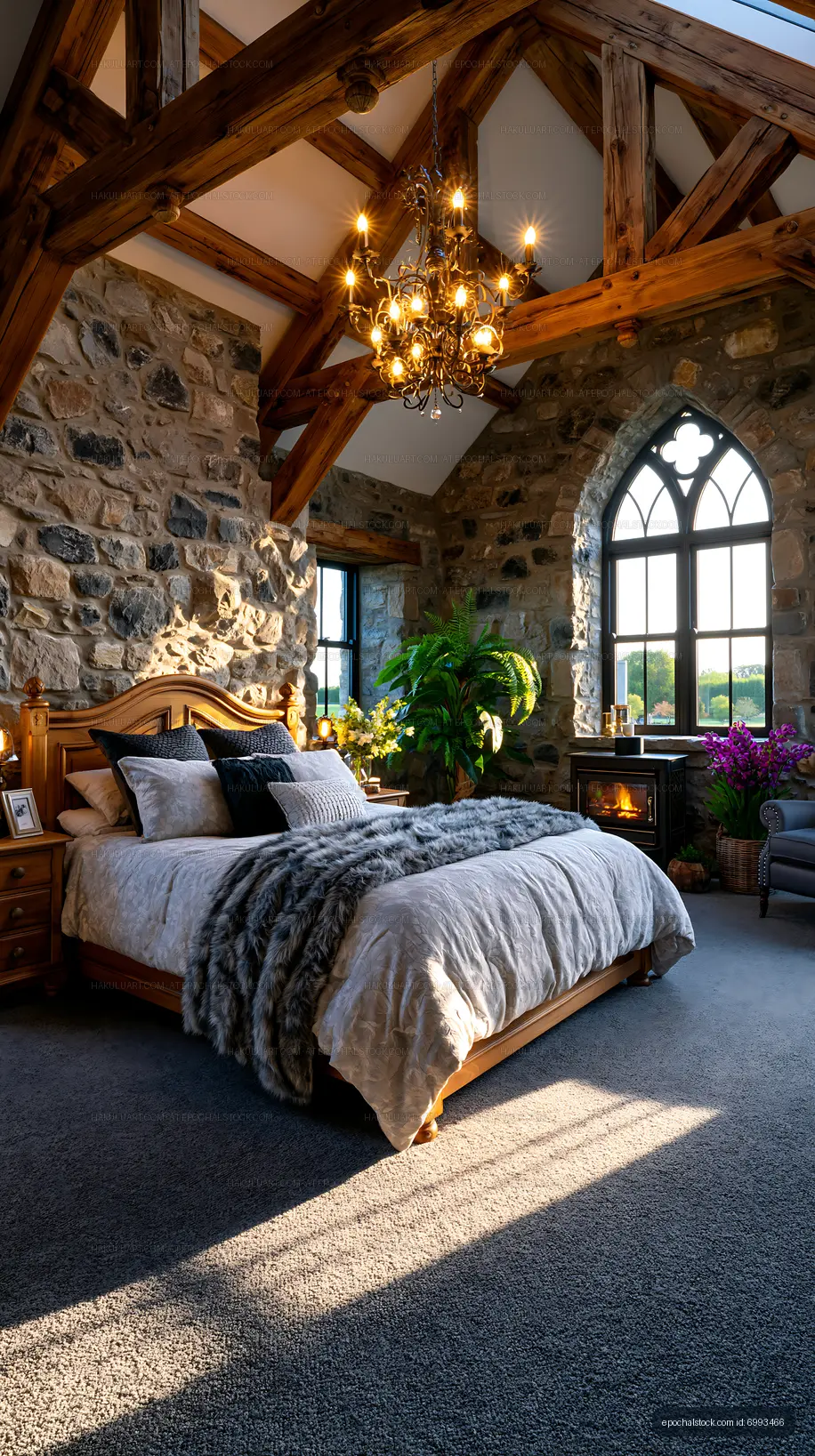 Rustic bedroom with stone walls and large windows