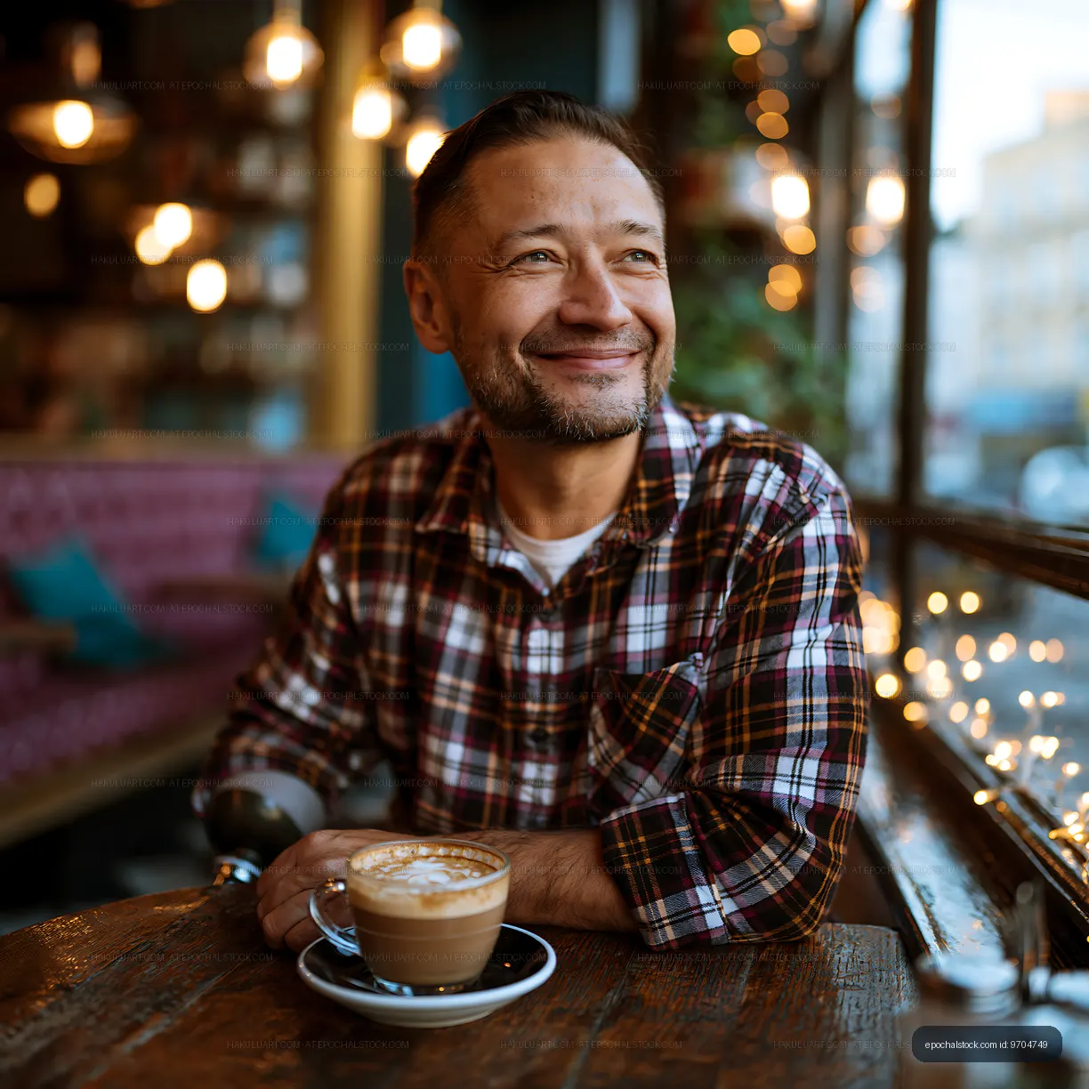 Man in checkered shirt enjoys coffee in cozy cafe