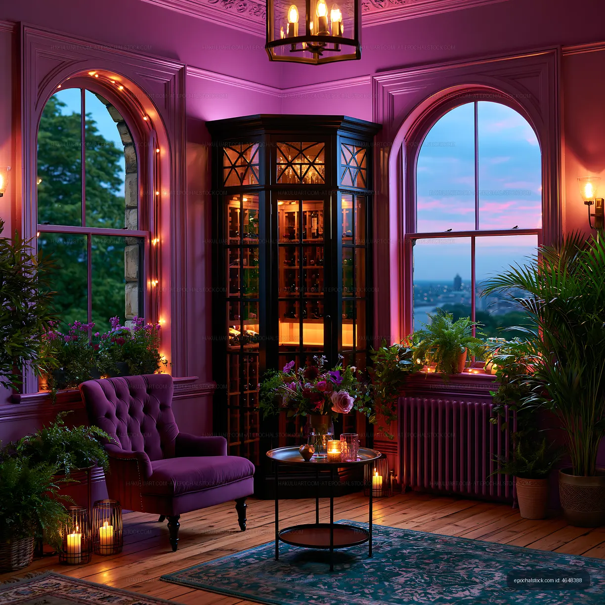 Cozy room with plants and purple walls at sunset