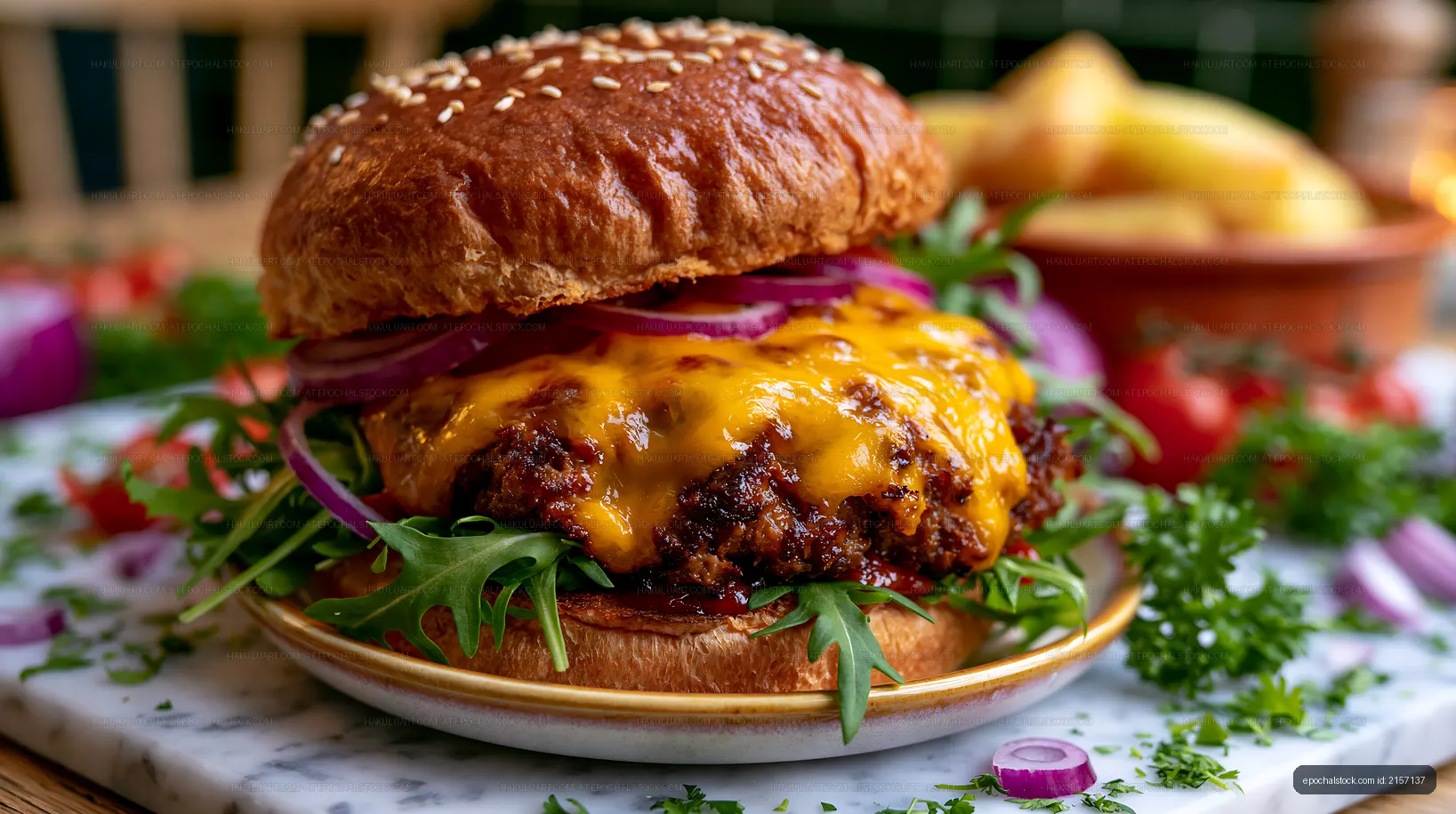 Cheeseburger with lettuce, onion, and golden fries on a table