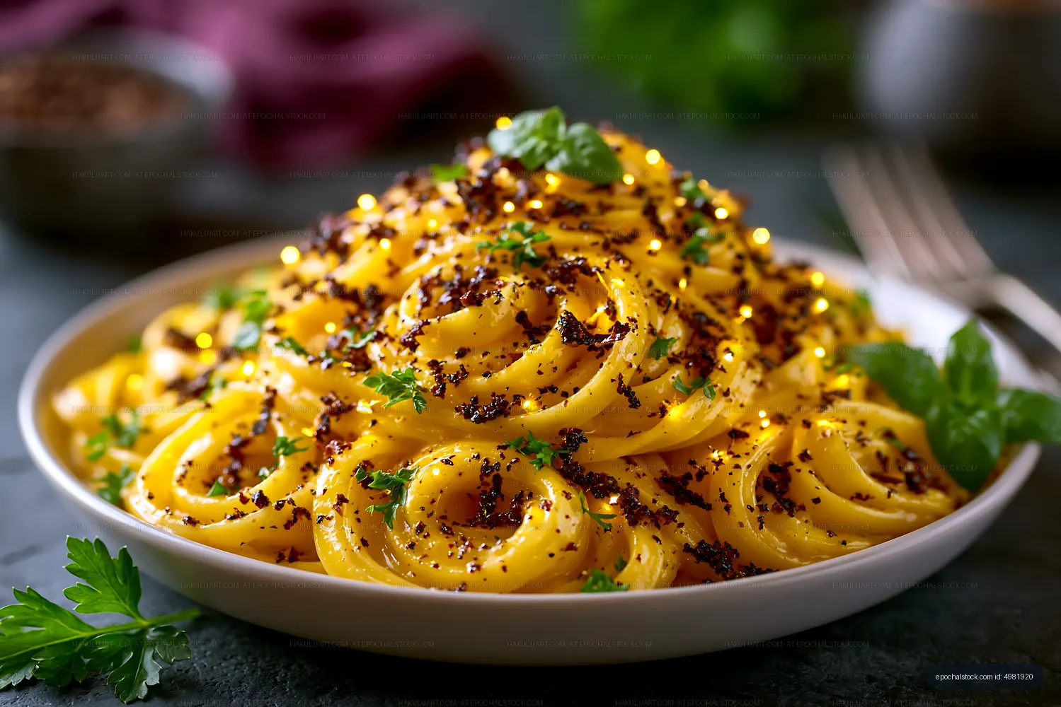 Pasta dish topped with herbs and seasoning served on a plate