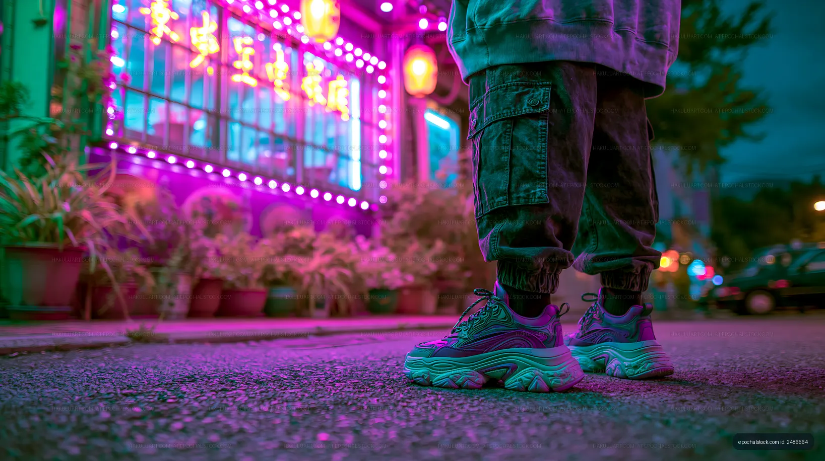 Person standing in front of brightly lit shop with colorful lights