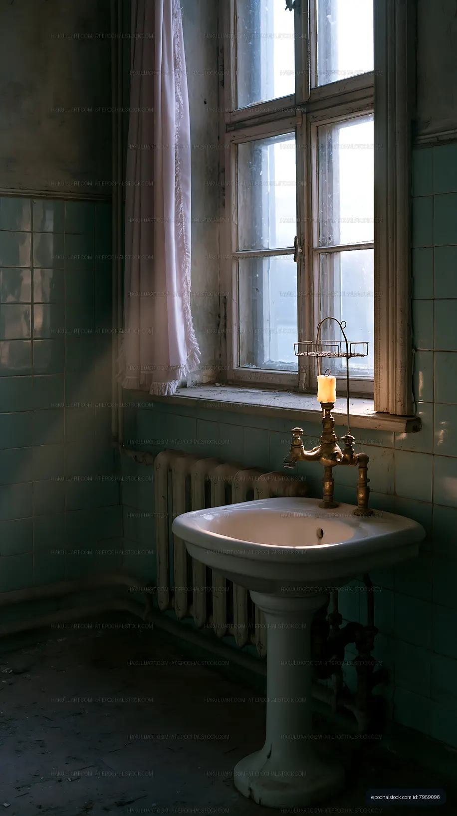 Old bathroom with a sink and window letting in sunlight