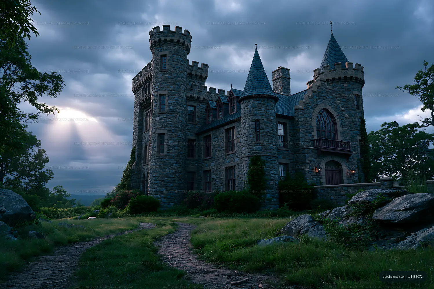 Stone castle surrounded by greenery in cloudy weather