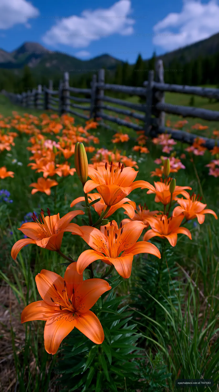 Orange lilies bloom in a field near a wooden fence