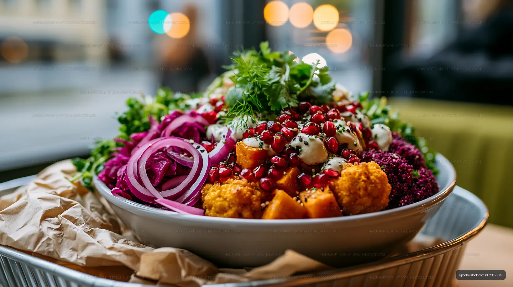 Colorful salad with vegetables and herbs in a large bowl