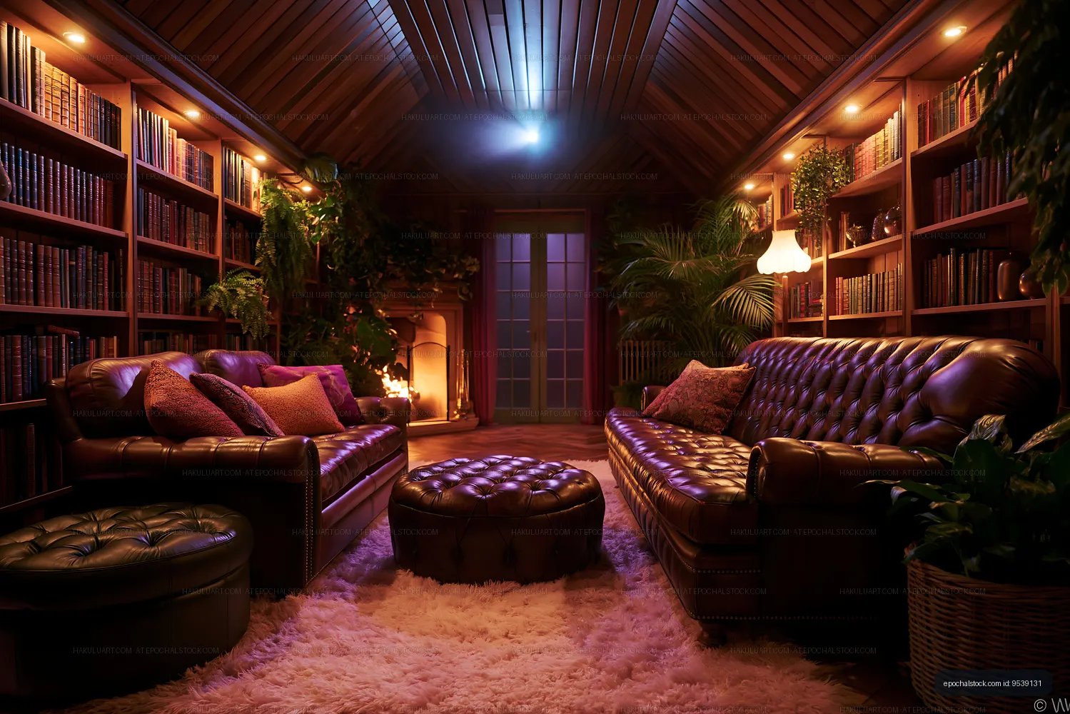 Cozy library with leather sofas and fireplace in warm lighting
