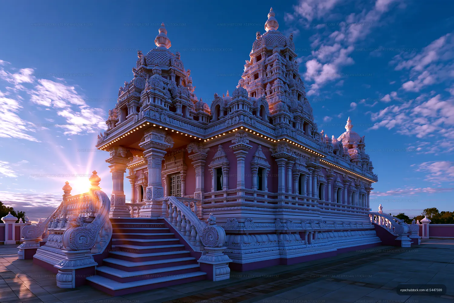 Sunset view of ornate temple structure with detailed architecture