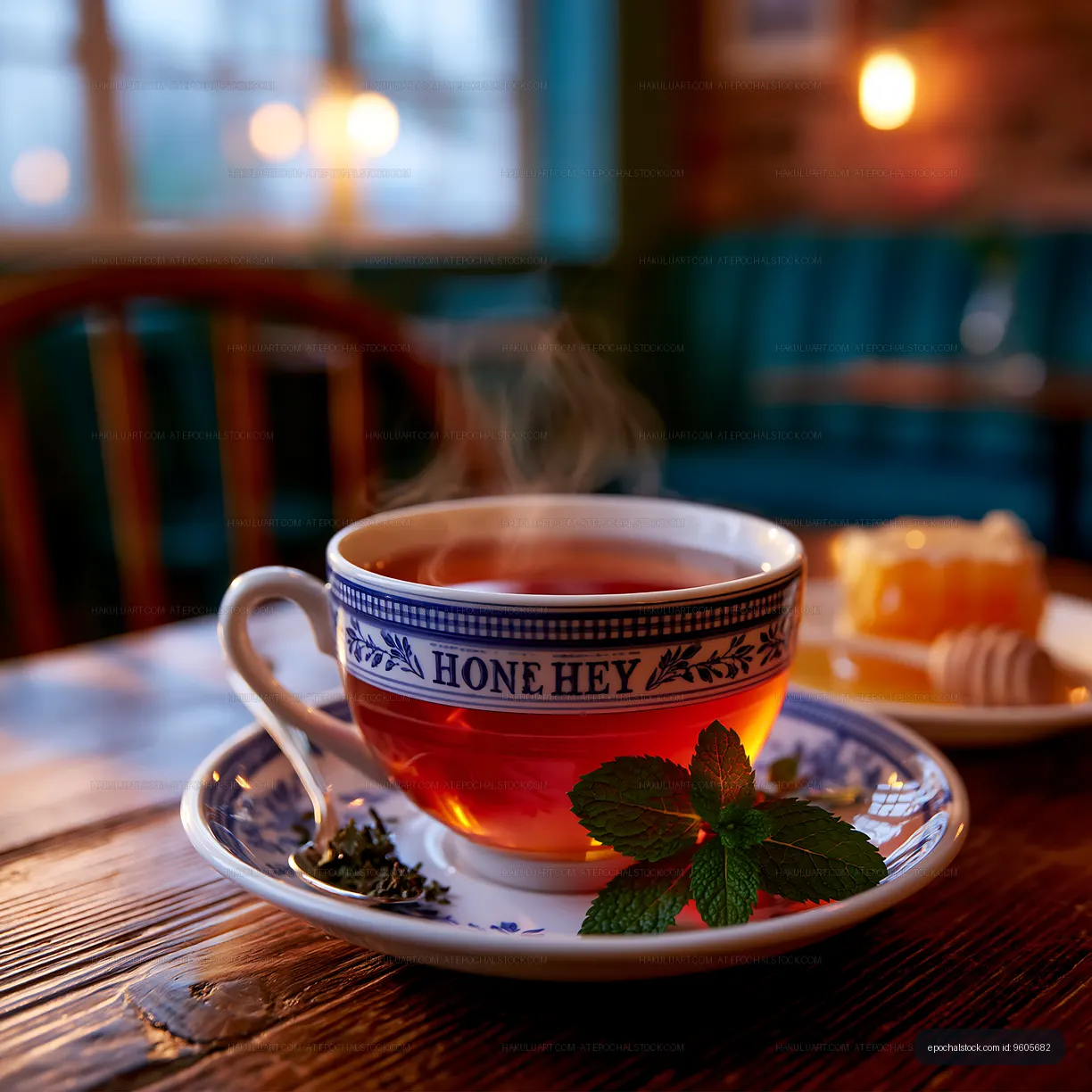 Hot tea in a cup with mint leaves on a wooden table