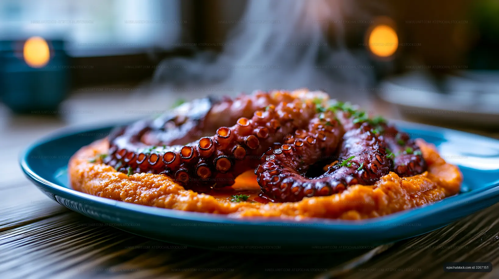 Octopus served on a plate with orange puree and herbs