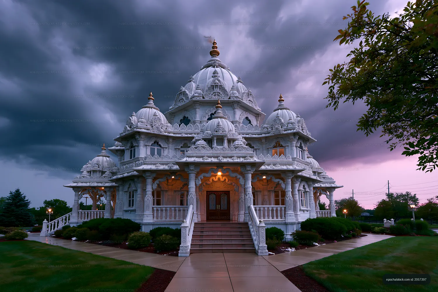 Hindu temple under cloudy sky at twilight