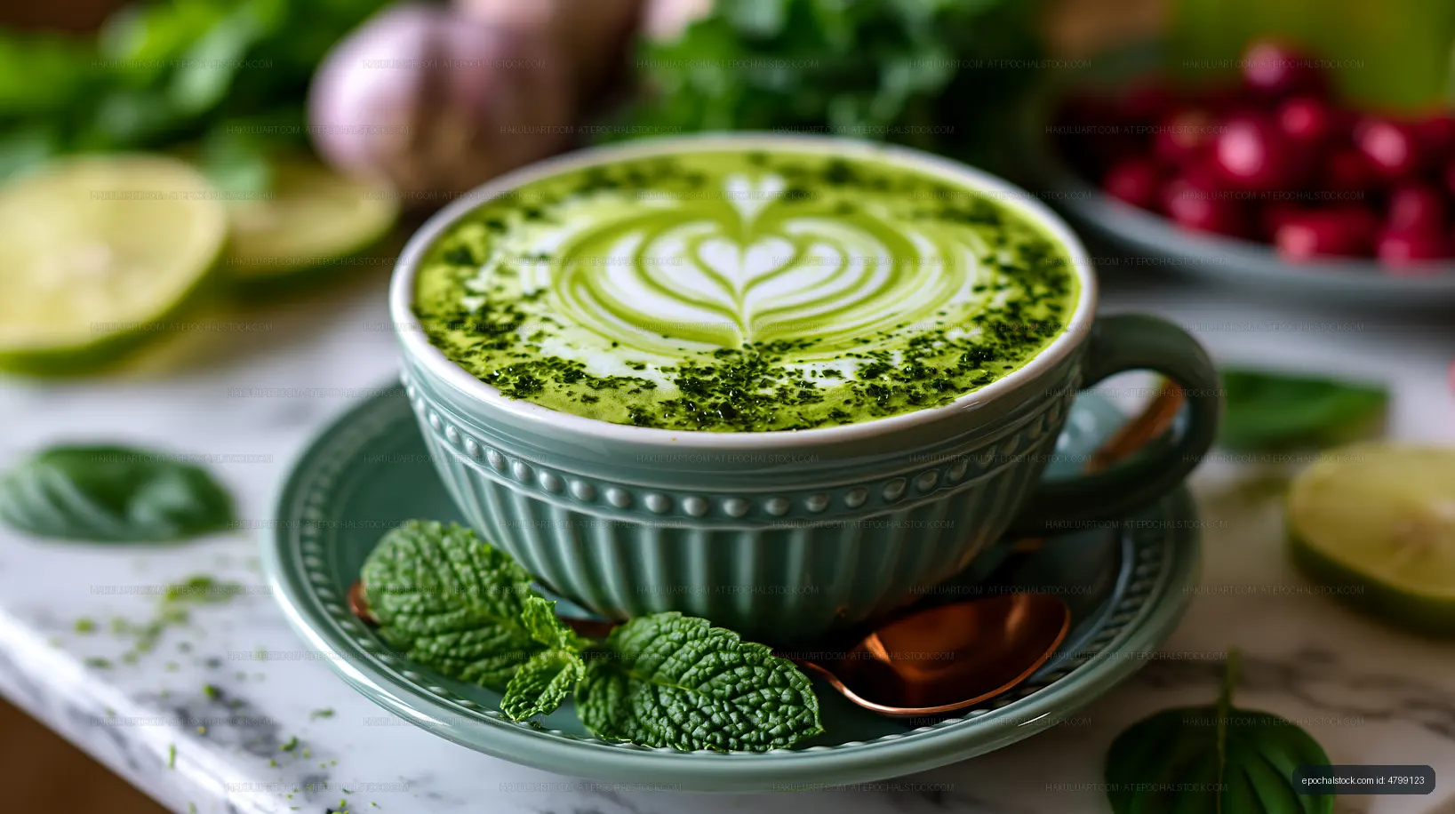 Green tea latte served in a ceramic cup with fresh herbs