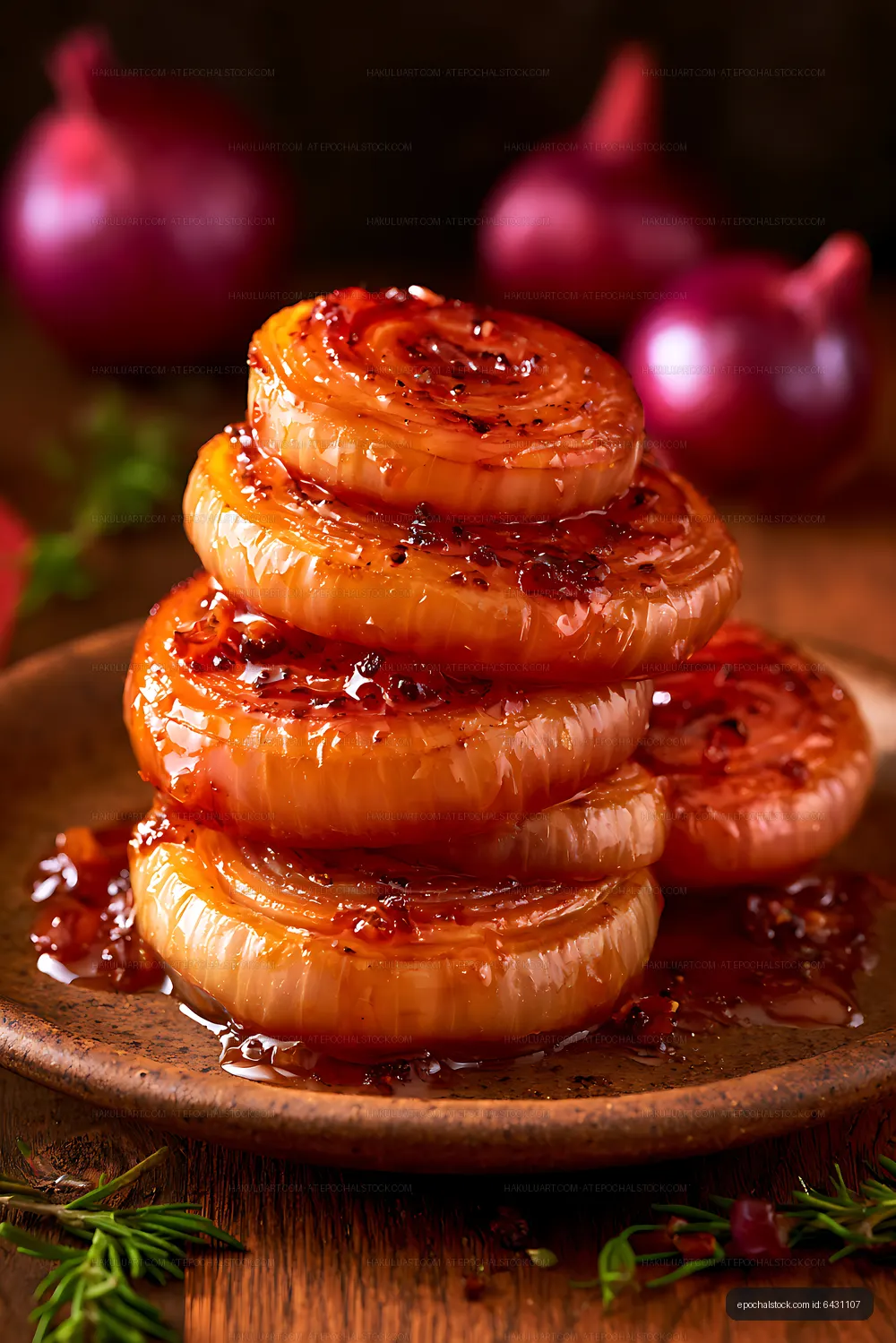 Stack of glazed onions served on a rustic plate