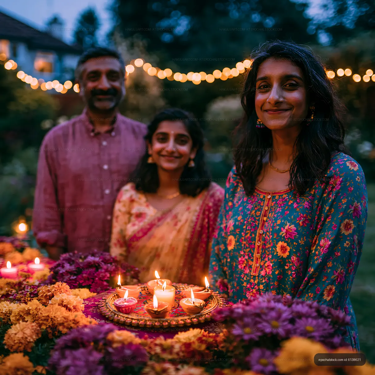Family celebrating festival with candles and flowers in the garden