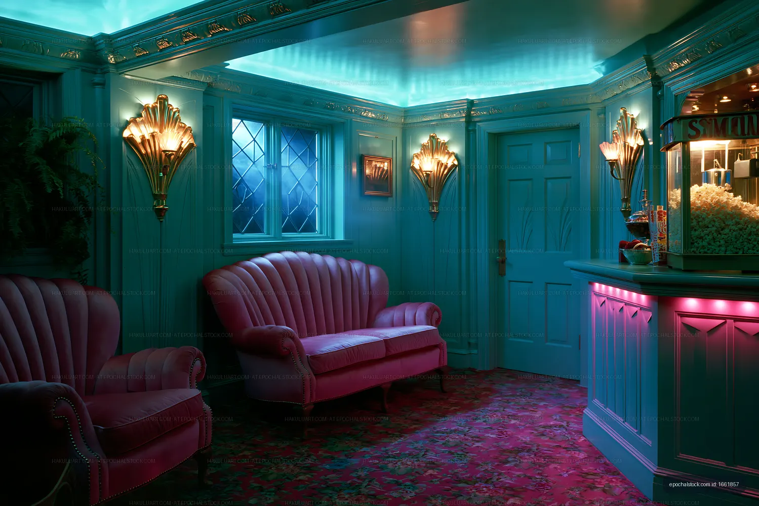 Cozy interior of a retro lounge with soft lighting and pop corn stand