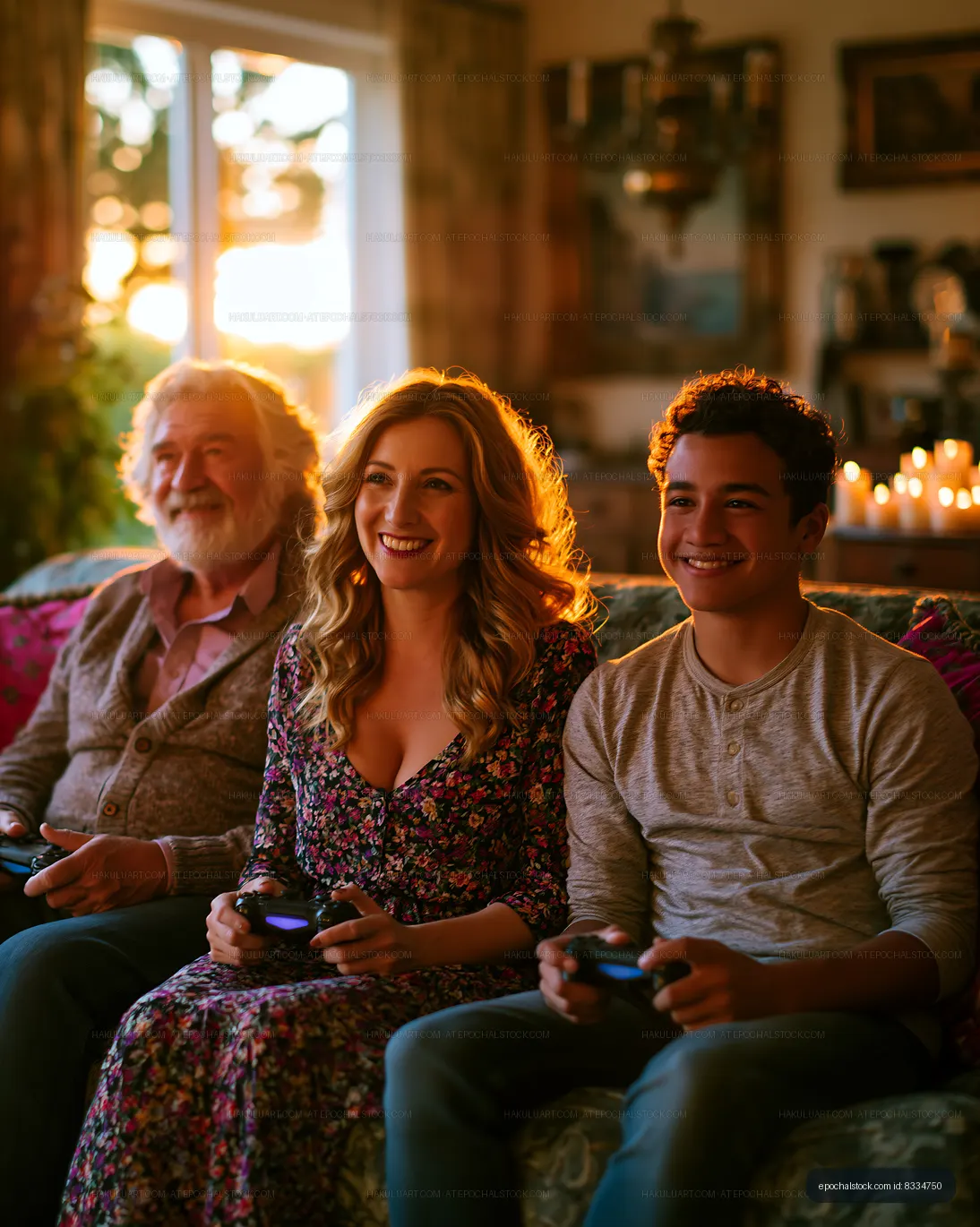 Family enjoying video games together in living room at sunset