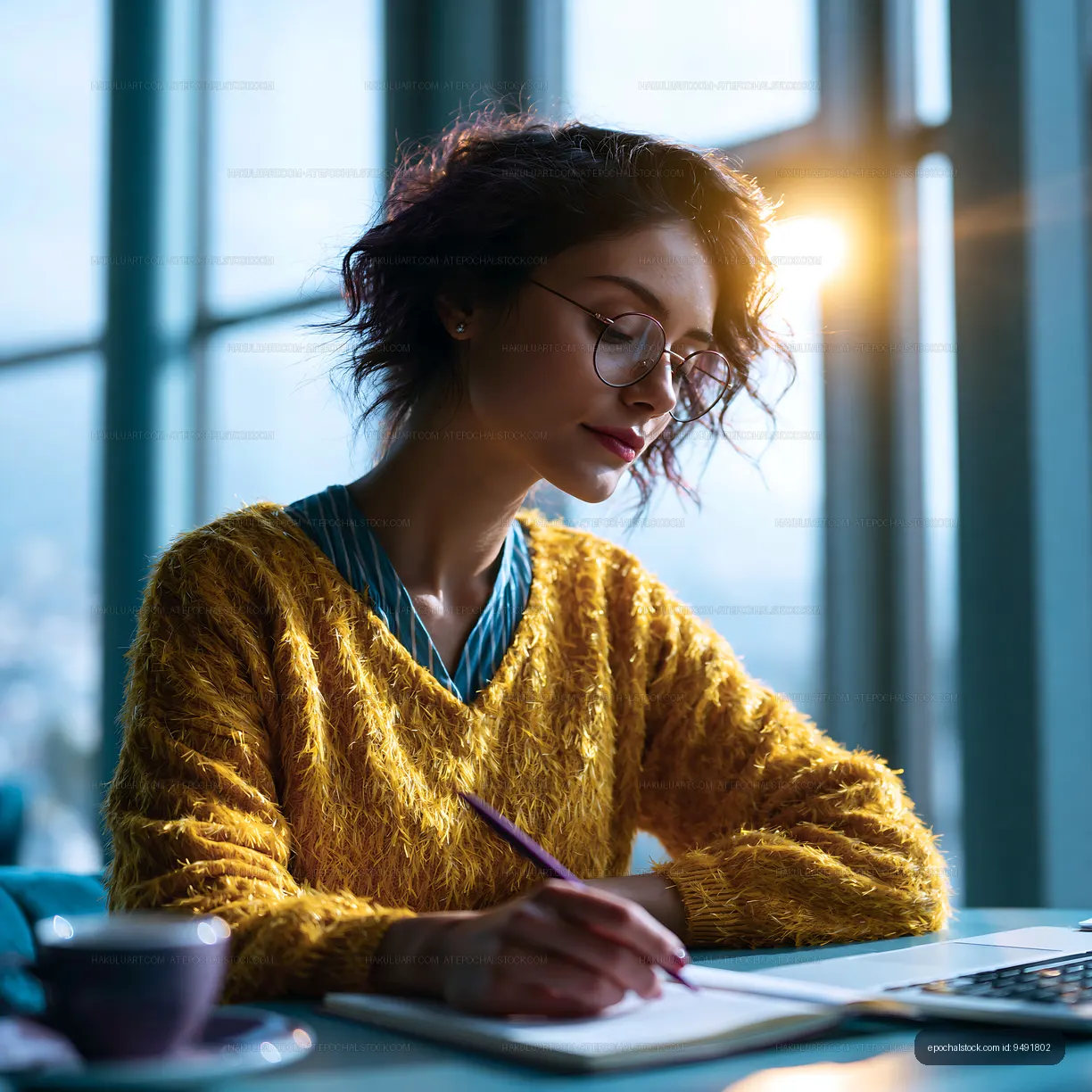 Woman writes in a notebook at a bright workspace with city view