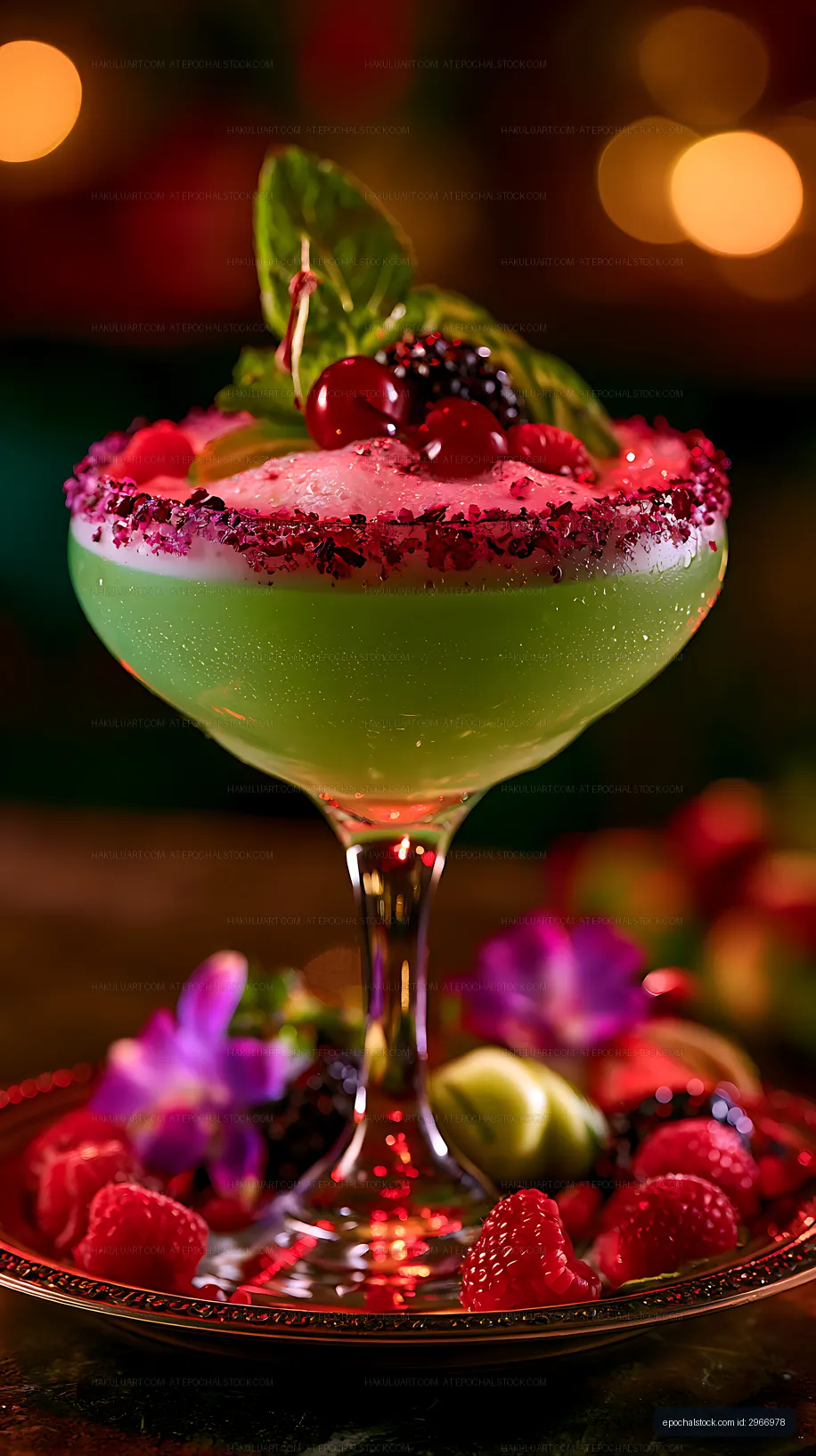 Colorful cocktail with fruit garnishes on a table