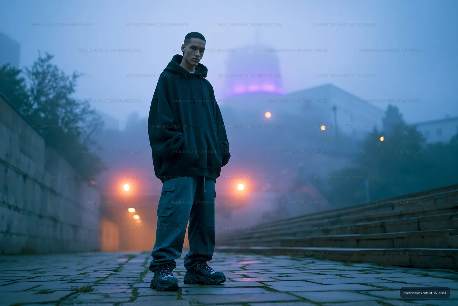 Young man standing on a foggy street at night