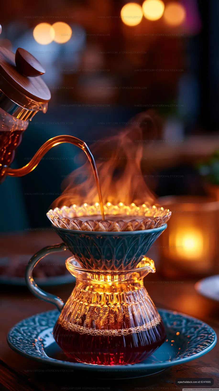 Pouring coffee into a hand crafted filter with warm light
