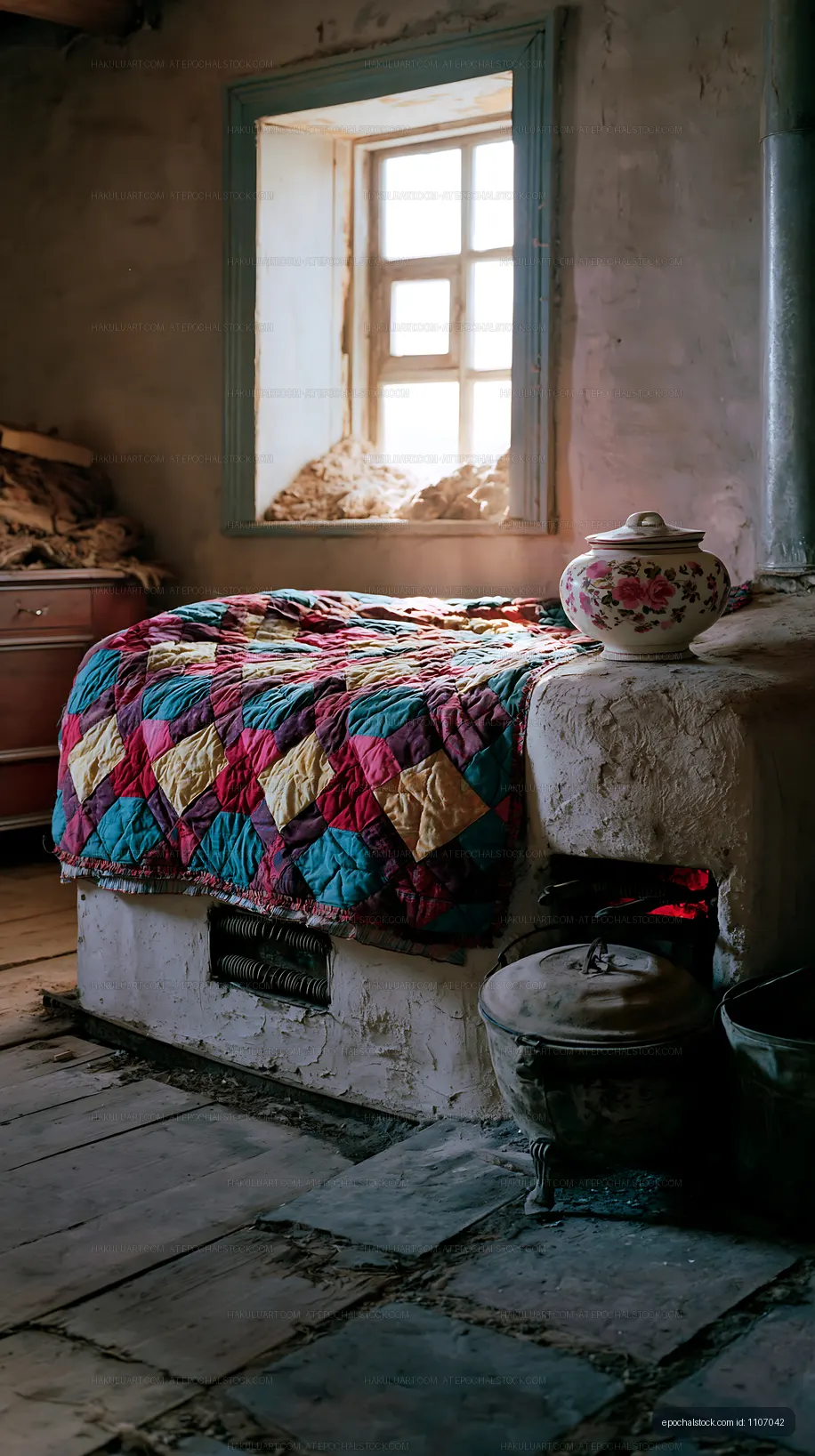 Cozy room with a colorful quilt and rustic stove near a window