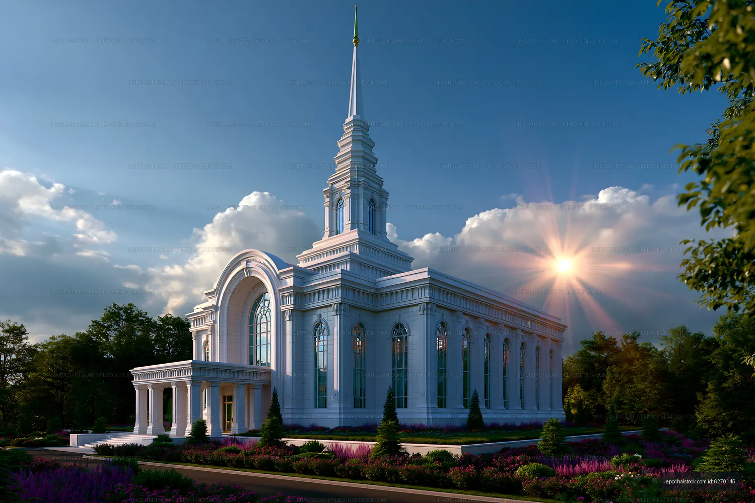 Modern temple with tall spire surrounded by green trees and flowers