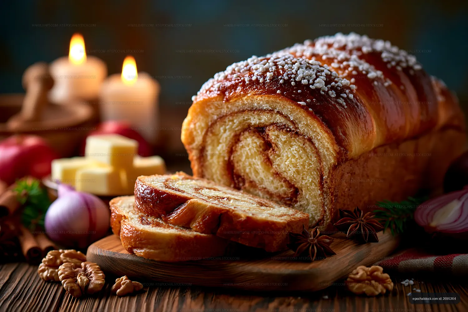 Freshly baked cinnamon roll bread on a wooden table