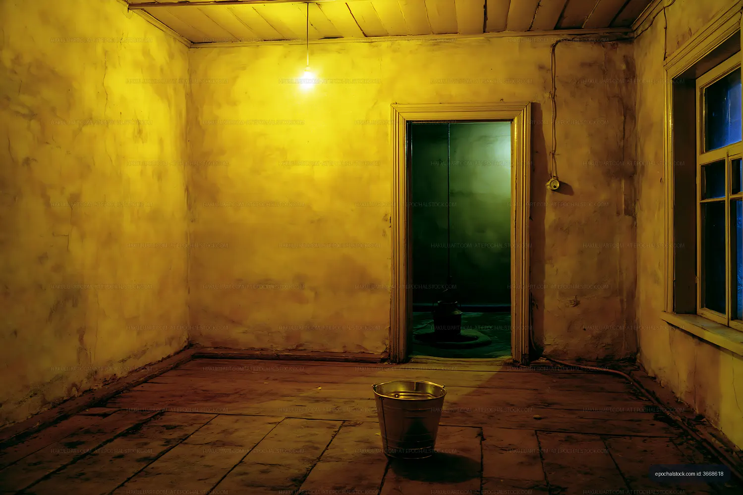 Empty room with yellow walls and a bucket in the center