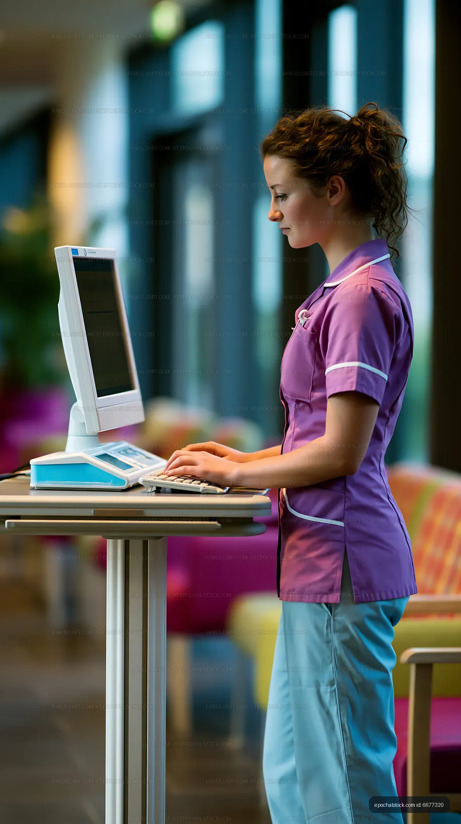 Nurse working at a computer in a healthcare facility