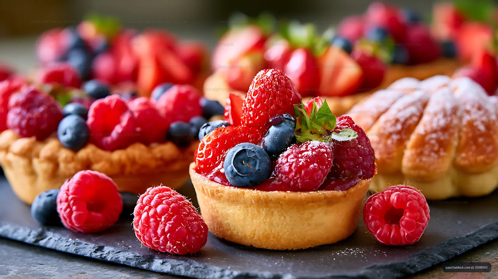 Berries in tart shells displayed on a slate tray