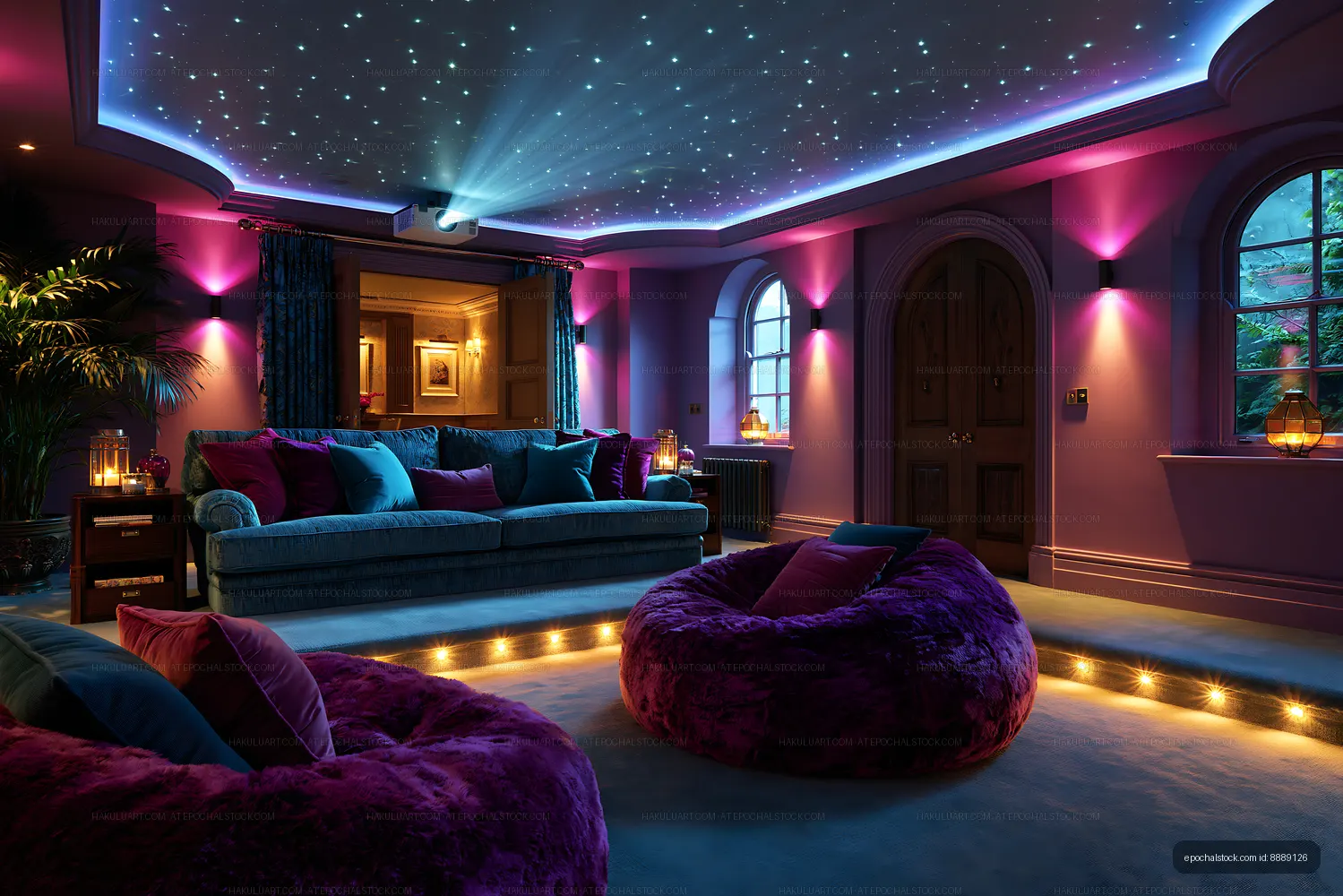 Cozy home theater with colorful lighting and projector setup