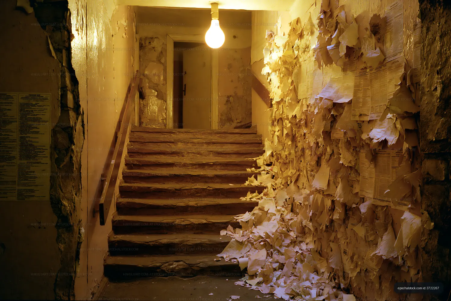 Staircase with peeling paper and dim light in an old building