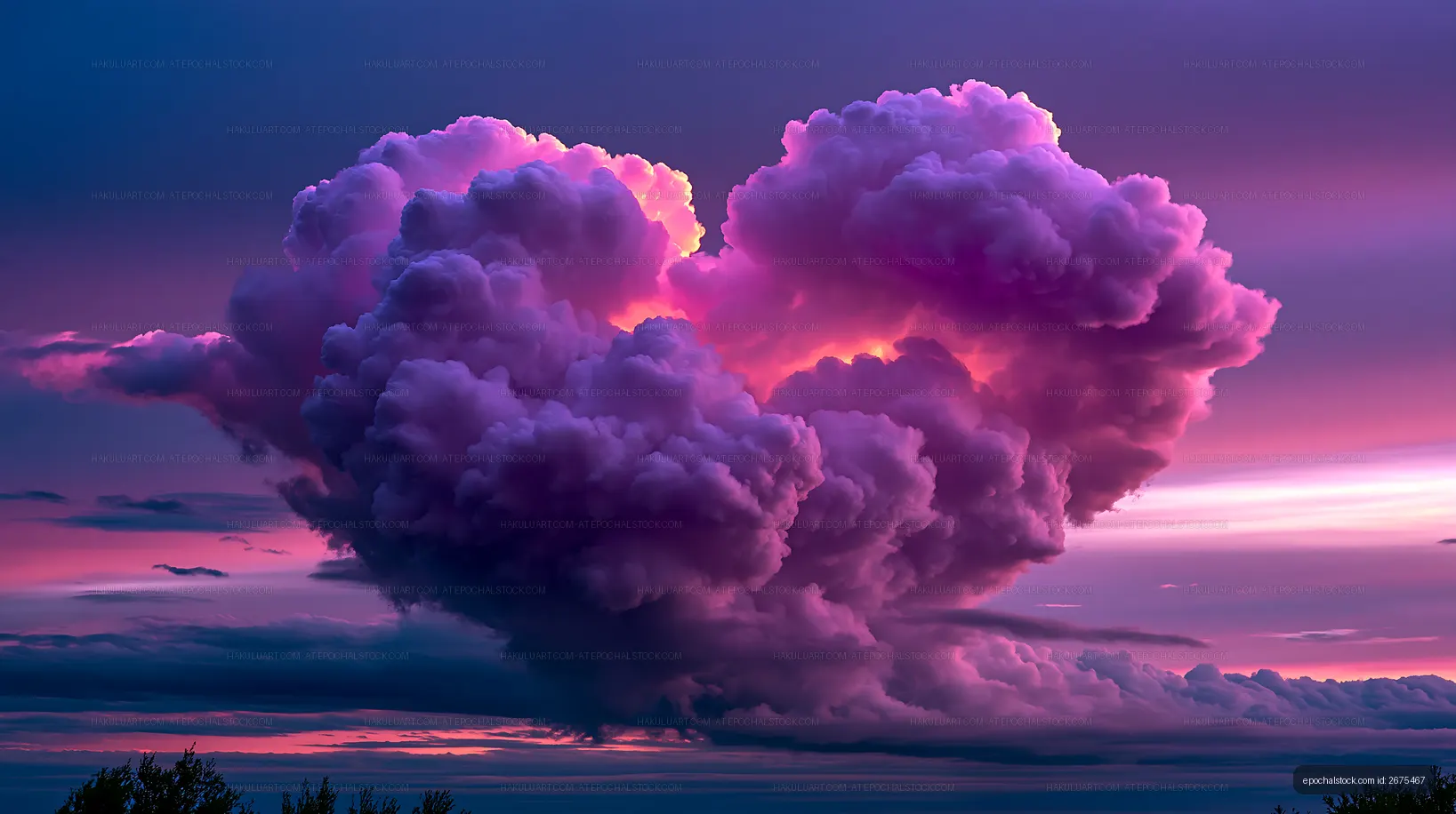 Heart-shaped cloud at sunset in purple and pink sky