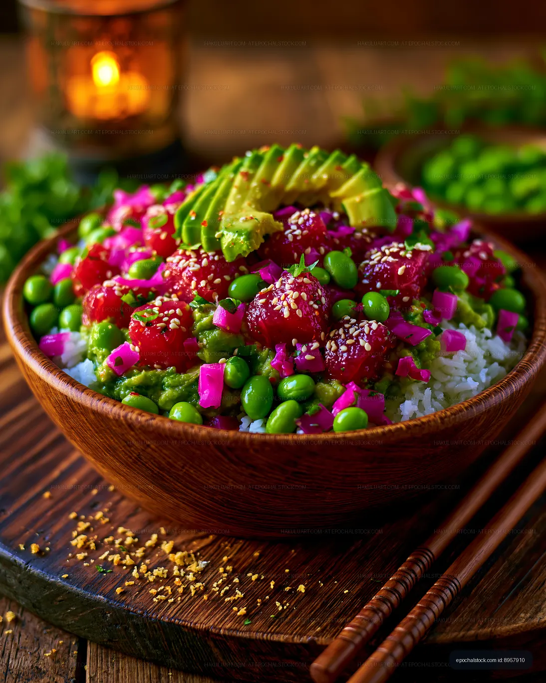 Colorful poke bowl with avocado and vegetables on wooden table