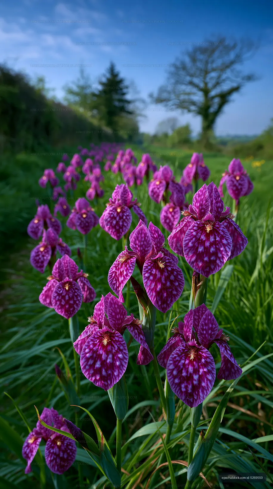 Purple orchids blooming along a green path in a garden