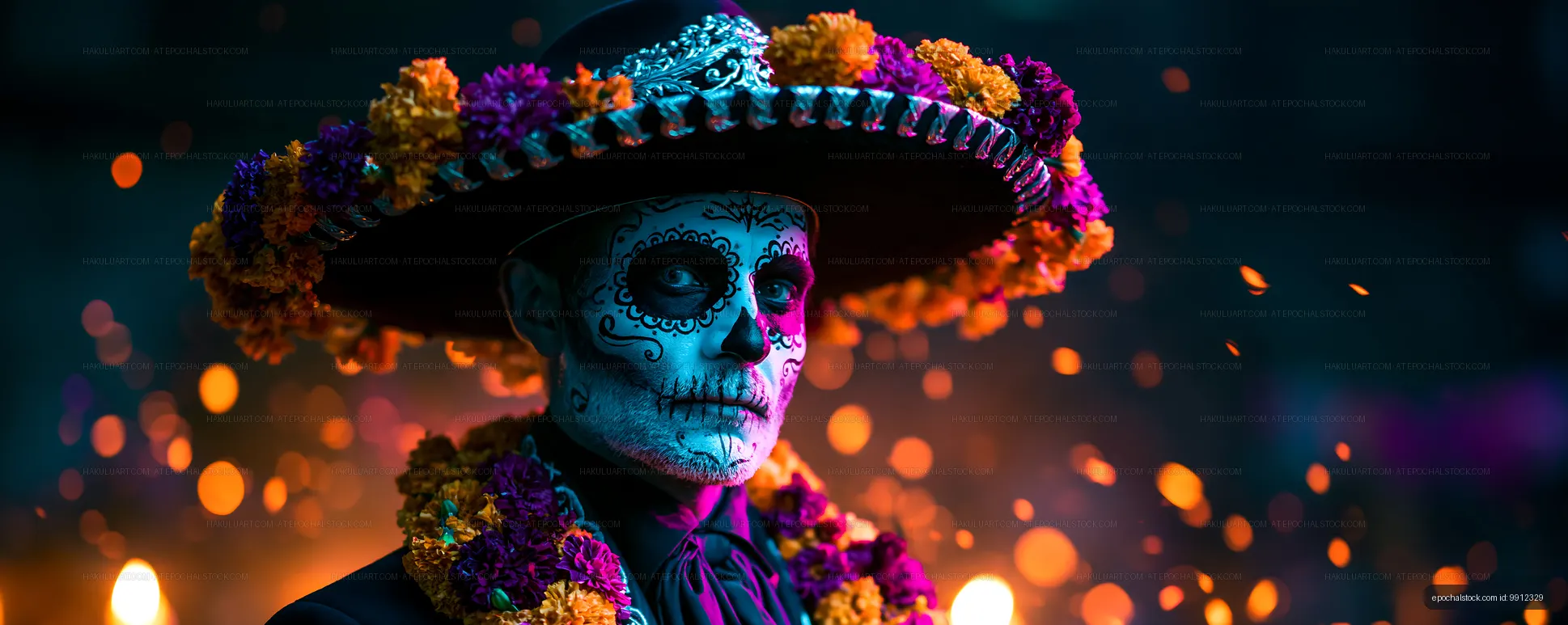 Skull masked man in a sombrero with marigold flowers at night