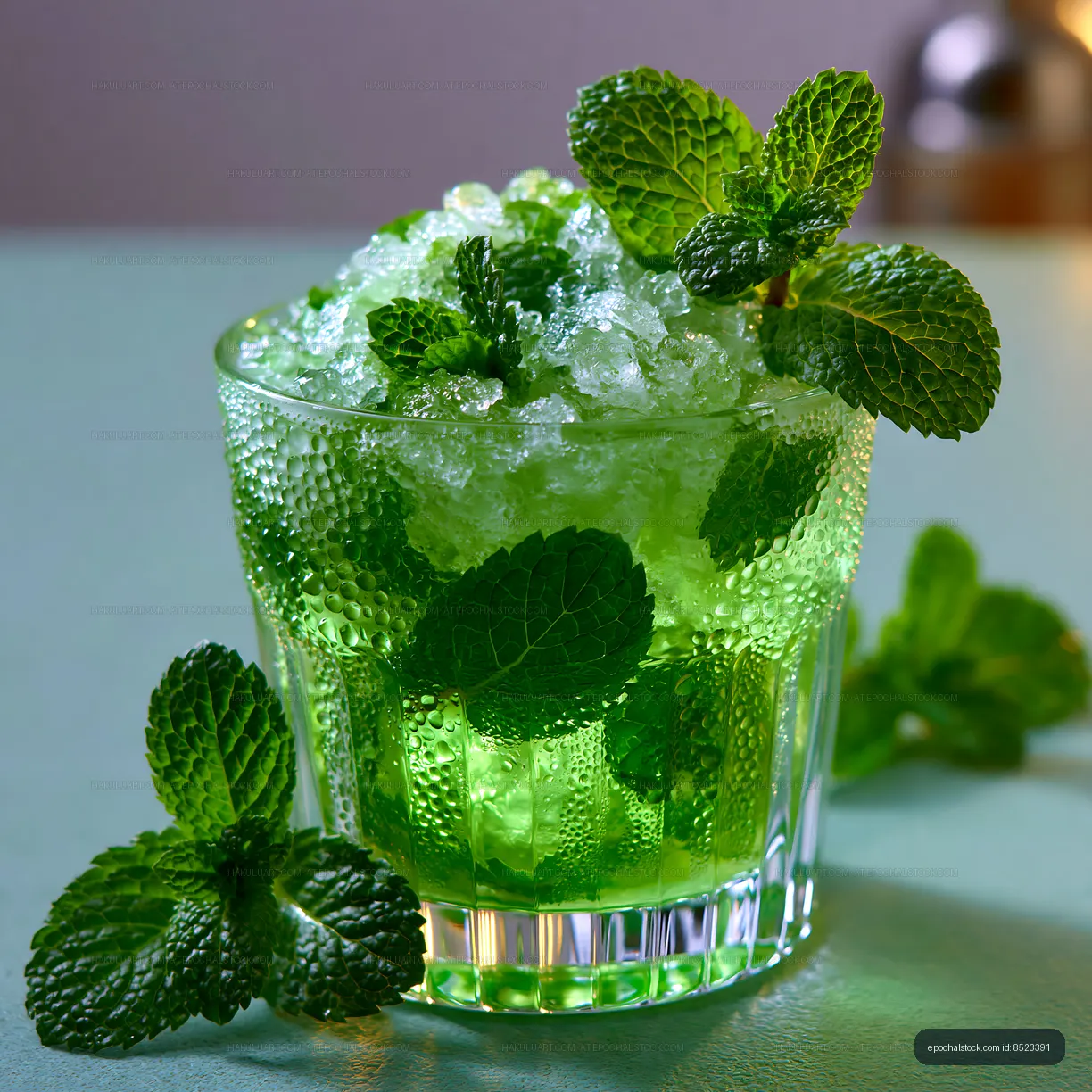 Mint drink with crushed ice served in a clear glass