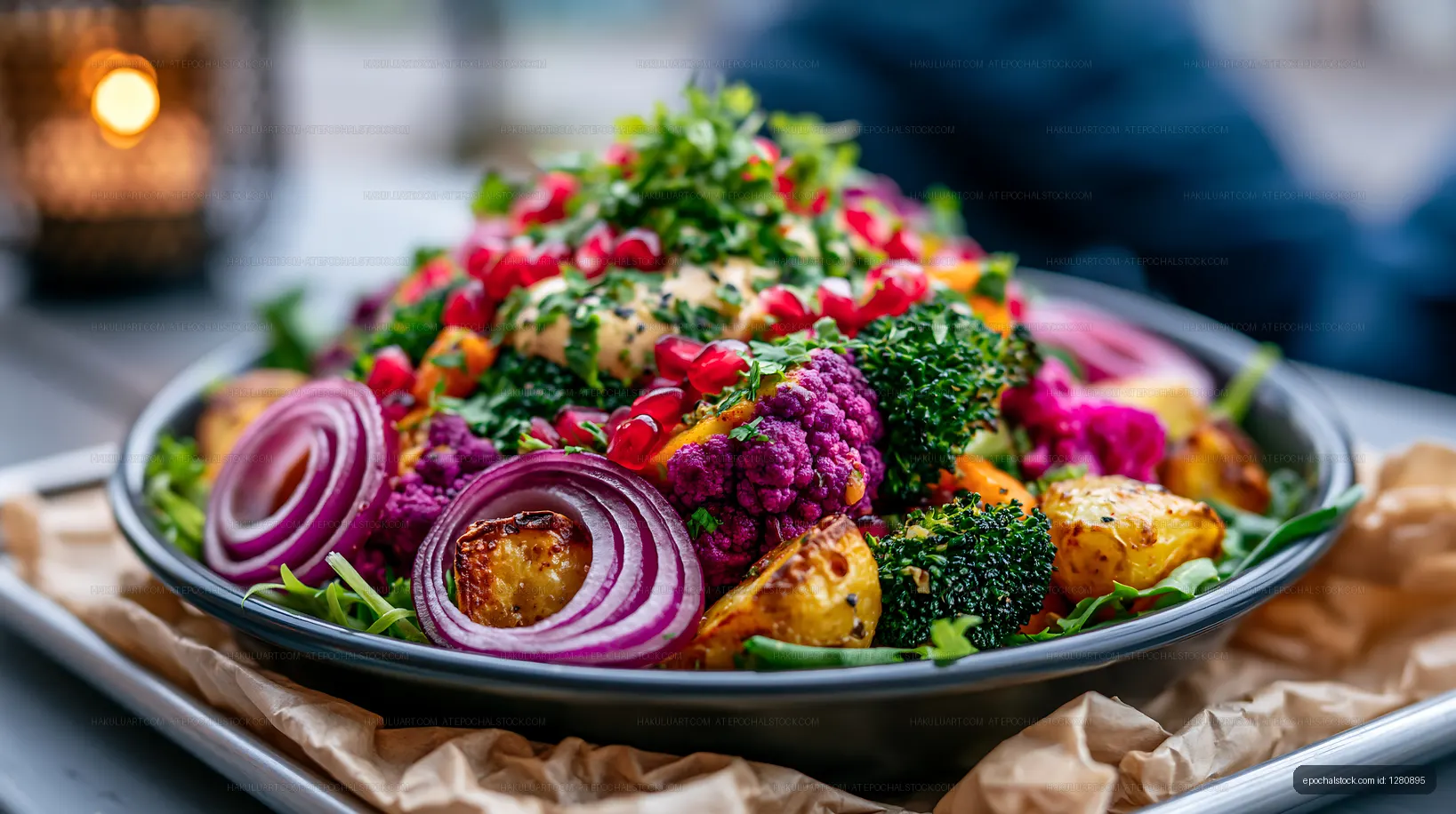 Colorful vegetable salad with pomegranate seeds and red onions