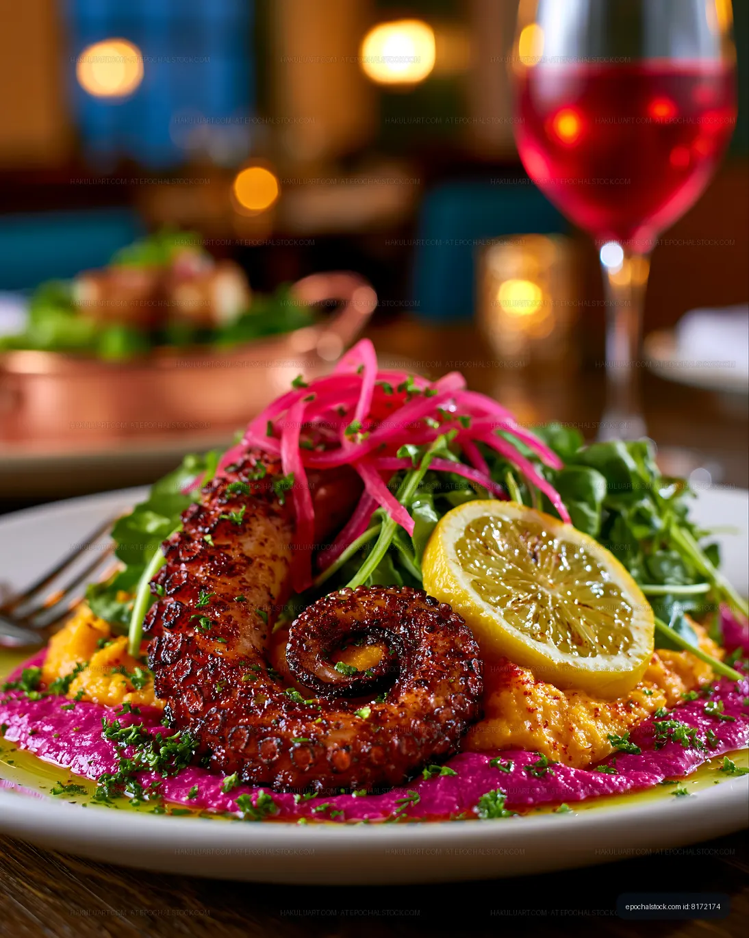 Grilled octopus with lemon served on colorful plate