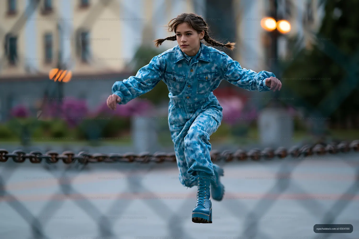 Girl jumping in blue outfit on a chain link fence background