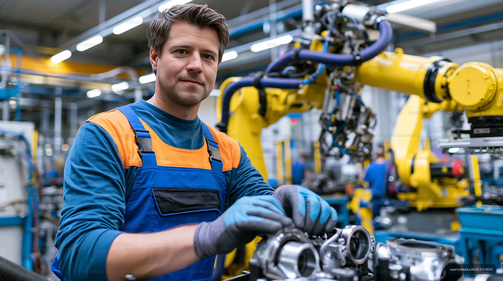 Worker assembling parts in a factory with robotic machinery