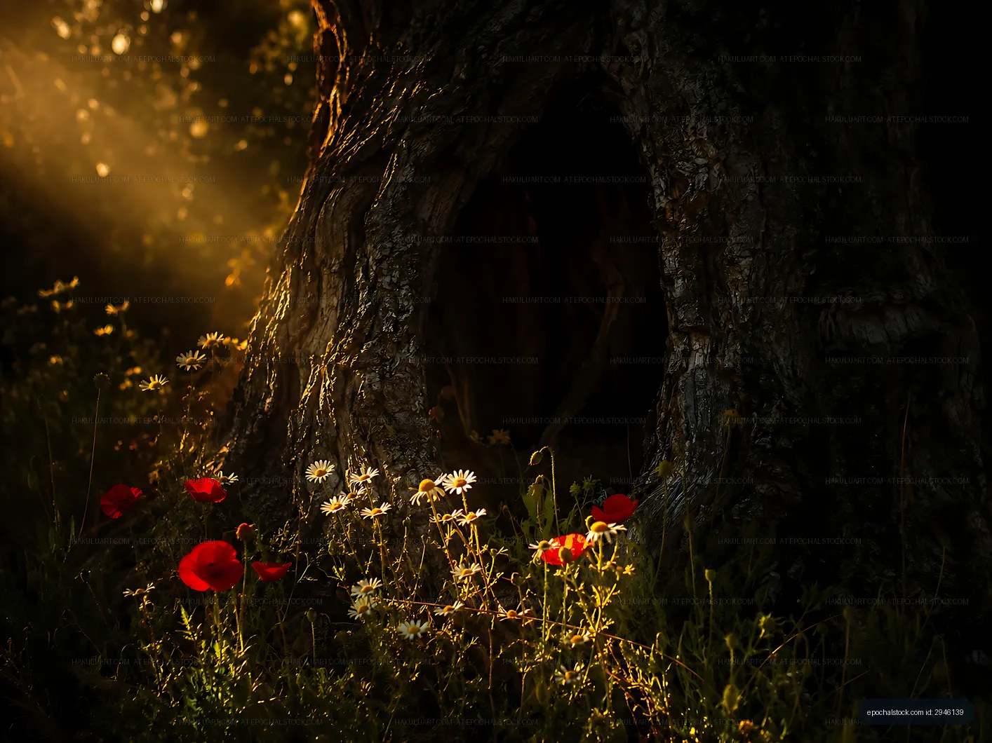 Light shines through tree with flowers at its base in a forest