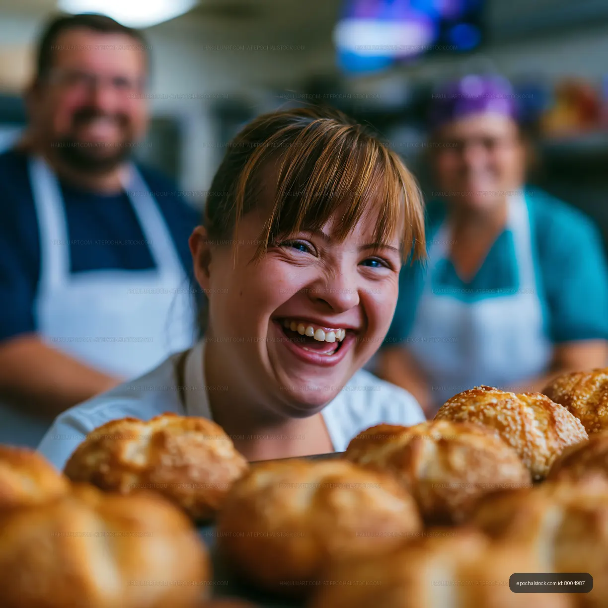 Smiling baker with fresh bread in a kitchen setting
